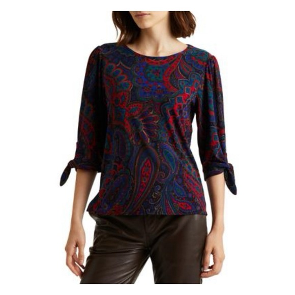 Ralph Lauren Black Label Womens Sz M Colorful Paisley Stretch Pullover Knit Top - Picture 1 of 8